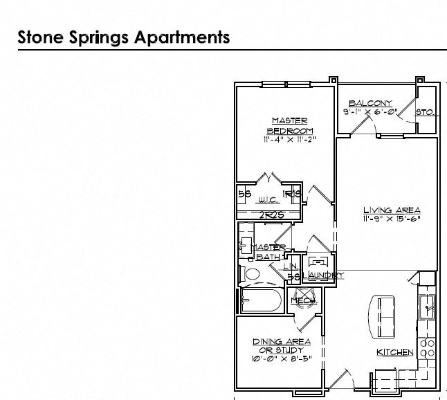 Floor plan for 1 bed, 1 bath, 761 sqft